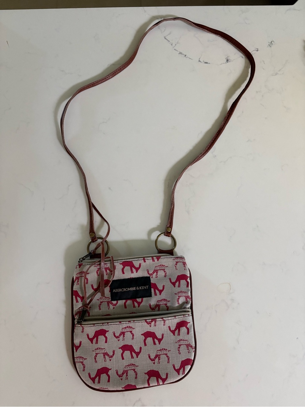 Abercrombie & Kent Pink Camel-Print Crossbody with Brown Strap